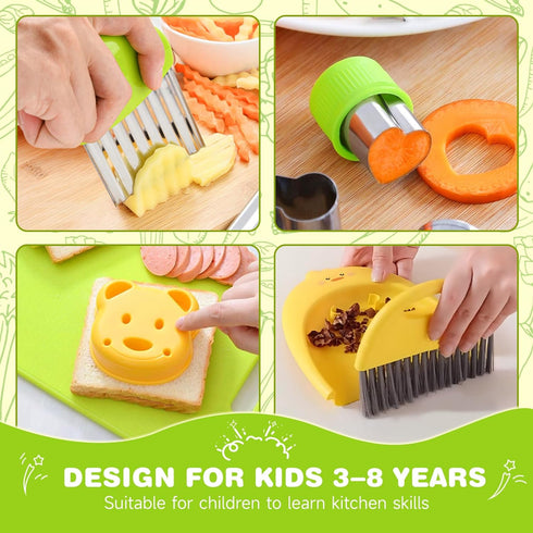 Suhctuptx Kids Knife Set For Real Cooking, Kids Kitchen Knives with Cutting Board Crinkle Cutters Food Conversion Chart & Cleaning Tools, Christma...