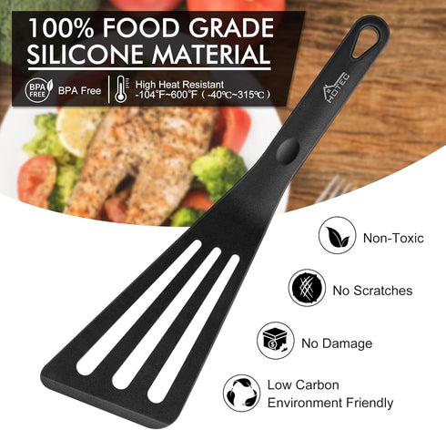 HOTEC Heat Resistant Silicone Slotted Fish Turner Spatula Set, Flipper Cooking Spatulas, for Non Stick Cookware Dishwasher Safe, Black...
