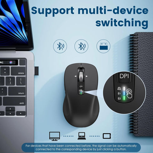 Wireless Bluetooth Mouse (USB + BT1 + BT2), Full Size Mouse, 4-Way Scrolling, Multi-Device Silent Mouse for Computer, Laptop, iPad, MacBook (Black...