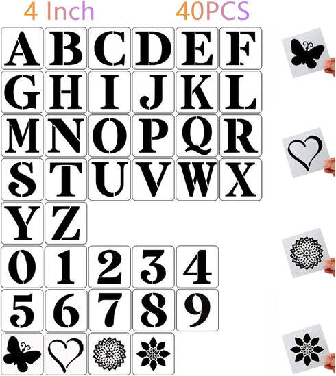 4 Inch Letter Stencils and Numbers,40 Pcs Reusable Plastic Large Alphabet Art Craft Stencils for Painting on Wood, Wall, Fabric, Rock, Chalkboard,...