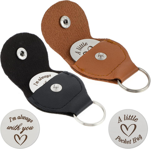 2 Pieces Pocket Hug Token, Long Distance Relationship Keepsake Friendship Gifts Stainless Steel Double Sided Inspirational Gift with PU Leather Ke...