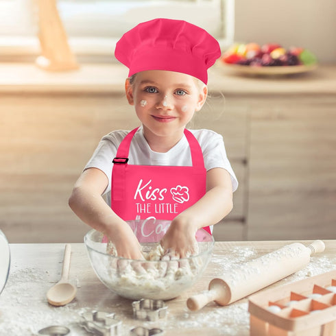 Kids Apron and Chef Hat Set, “Kiss The Little Cook” Apron Adjustable Child Apron Chef Training Funny Apron...