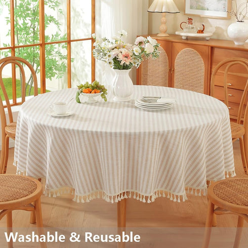 TruDelve Small Round Table Cloth 60 Inch Beige Striped Cloth Tablecloth Boho Fall Round Tablecloths for Outdoor Table Cover (Beige,60",Round)...