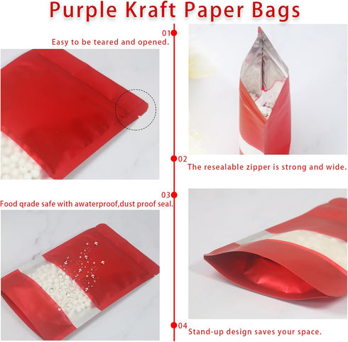 50 Pieces Smell Proof Red 6.3 * 9.4 In Resealable Matte Metallic Ziplock Bags, Stand Up Food Storage Bags with Window, Foil Pouch Sealable Bags fo...