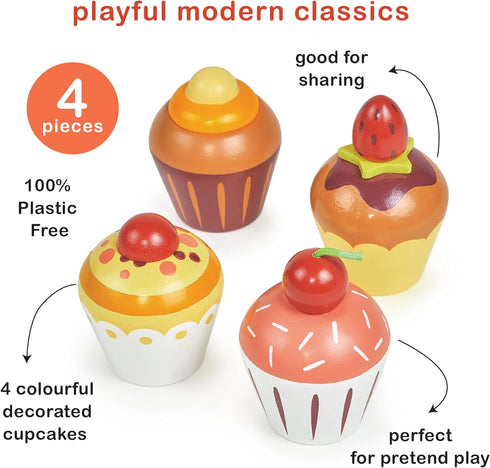 Toys - Teatime Cupcake Set - 4pc Wooden Assorted Decorated Cupcake Playset - Afternook Playset Toy for Children Pretend Kitchen Play - Social and ...