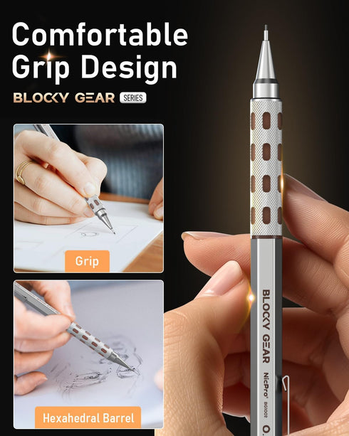 Nicpro Blocky Gear 0.3 mm Mechanical Pencils Set in Case, Metal Pencil with Lead Refills, Eraser for Professional & Adult Art Writing Drafting Dra...