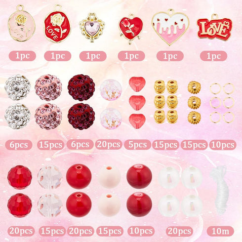 SUNNYCLUE 1 Box DIY 6 Sets Valentine's Day Charms Heart Beads Beading Bracelets Kit Enamel Heart Rose Charms Rhinestone Bead Round Acrylic Crackle...