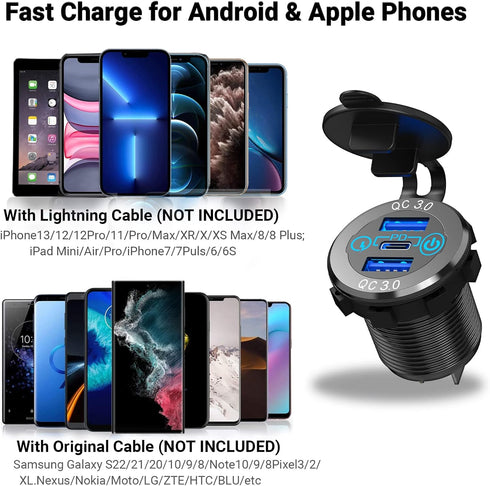 12V USB C Car Charger Socket 2 Pack, Qidoe 56W Aluminum Socket 12V USB Outlet 20W PD3.0 USB-C and Dual QC3.0 Ports with Touch Switch Waterproof DI...
