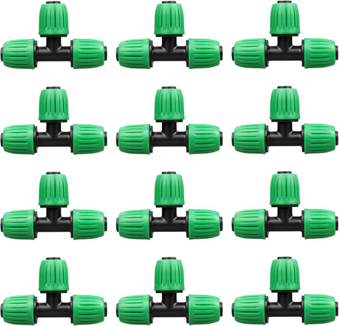 Drip Irrigation Fittings for 1/2 inch Tubing (0.60"-0.63" OD), 12 Pieces Barbed Tee Drip Parts Locked Tee Connectors, 3 Way Drip Line Nuts Connect...