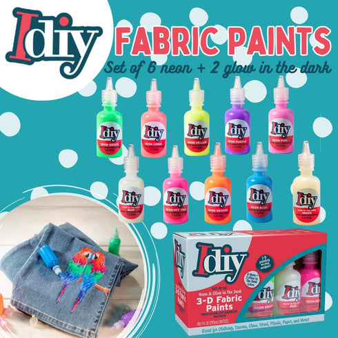 DIY Fabric Paints (Set of 10 Colors)-8 Neon & 2 Glow in the Dark (1oz ea) Bright 3D Clothing Paint, Non-Toxic Water-Based, Classroom, Kids Birthda...