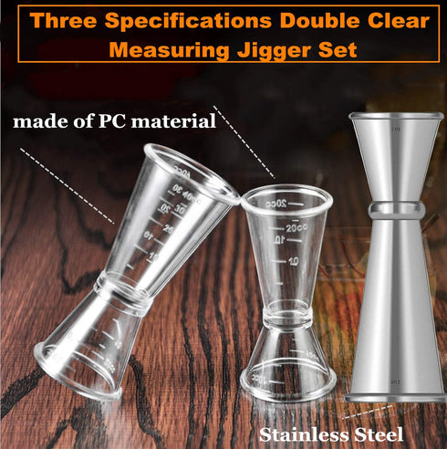 Double Clear Plastic and Stainless Steel Japanese Style Jigger, Set of 3, Cocktail Measuring Shot Glasses Drink Spirit Measure Cup for Bar Party K...