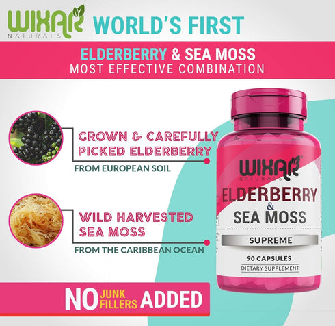 Elderberry and Sea Moss Supreme Capsules - Natural Black Elderberries with Wildcrafted Sea Moss Pills - 90 Capsules - Antioxidants - Herbal Supple...