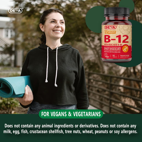 DEVA Vegan Vitamin B12 Fast Dissolve Supplement - Once-Per-Day Complex with 1000 Mcg Methylcobalamin B12, Folic Acid, B6 - Lemon Flavor - 90 Disso...