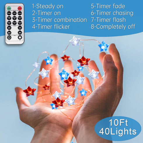Independence Day String Lights, Impress Life USA American Stars Flag Lighting 4th of July Red White Blue 10ft 40 LEDs with Remote, Powered by Batt...