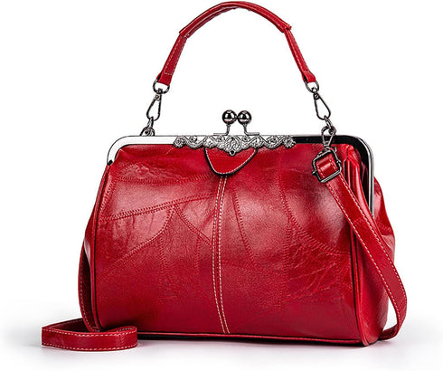 Women Vintage Hollow Handbag Oil Leather Shoulder Crossbody Bag Clutch Satchel Purse with Kiss Lock Closure...