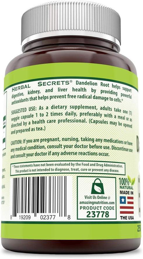 Herbal Secrets Dandelion Root 520 mg Veggie Capsules Supplement | Non-GMO | Gluten Free | Made in USA (250 Count)...