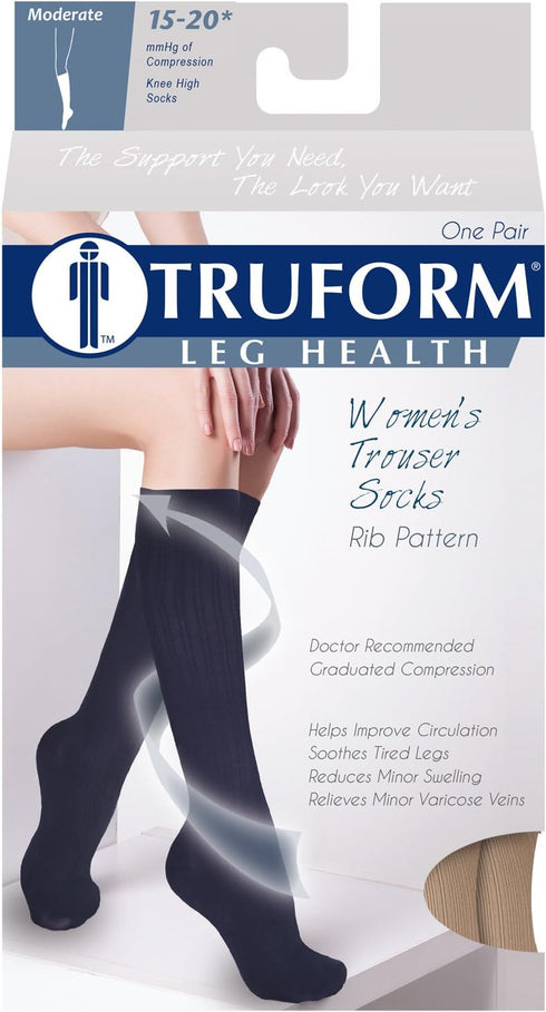 Truform Compression Socks, 15-20 mmHg, Women's Dress Socks, Knee High Over Calf Length, Tan Rib Knit, Medium...