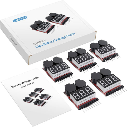 CAMWAY 5PCS 2in1 1-8s Lipo Battery Voltage Tester,RC Low Voltage Buzzer Alarm,Battery Monitor Checker Tester for 1-8s Lipo/Li-ion/LiMn/Li-Fe...