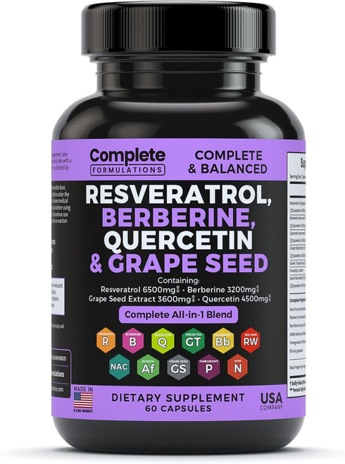 6500mg Resveratrol Supplement with Quercetin 4500mg, Berberine 3200mg, Grape Seed Extract 3600mg & Polyphenol Blend for Skin Health, Immune Suppor...