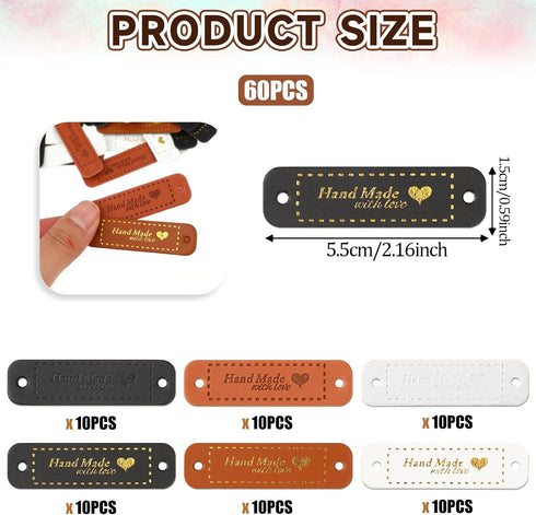 60Pcs Handmade Sewing Labels, PU Leather Labels Sewing Labels for Handmade Items with Hole DIY Sewing Lables for Embellishment Crochet Knitting Ha...