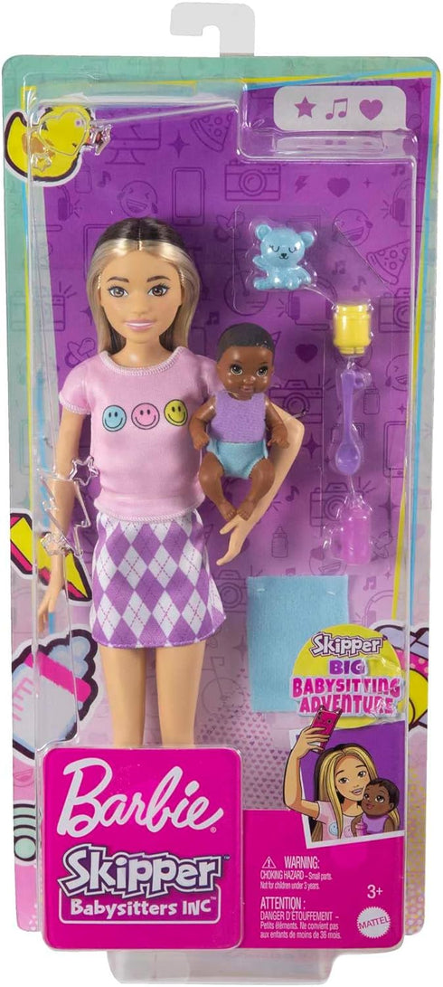 Barbie Skipper Babysitters Inc Doll & Accessories Set, Doll with Two-Tone Hair & Argyle Skirt, Baby Doll & 5 Pieces...