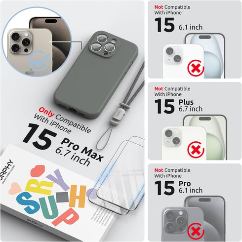 SURPHY Designed for iPhone 15 Pro Max Case with Screen Protector and Lanyard, Phone Strap and Liquid Silicone Phone Case (Camera Protective + Soft...