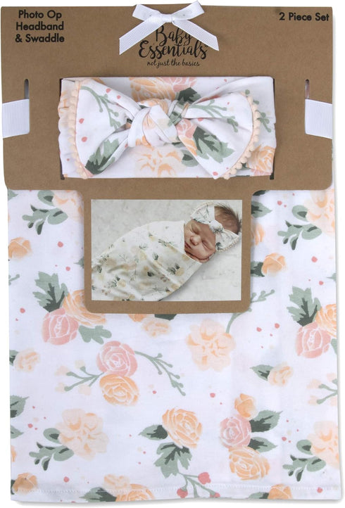 Baby Cotton Swaddle Blanket Wrap with Headband or Hat Set for Baby Girls, Boys Newborns and Infants 0-6 Months (Dusty Rose)...