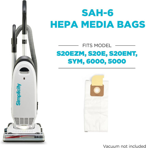 Simplicity Vacuums SAH-6 Certified Hepa Vacuum Replacement Bags, Fits with S20EZM Allergy Upright Vacuum Cleaner, Symmetry and 6 Series, Type A Ba...