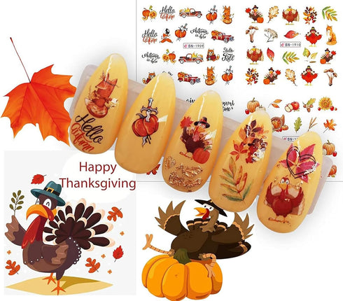 Fall Leaf Nail Art Stickers, Autumn Nail Decals Maple Leaf Nail Supplies Pumpkins Turkeys Squirrels Water Transfer Nail Stickers Fall Nail Accesso...