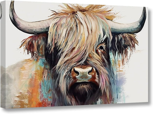 CCWACPP Colorful Highland Cow Canvas Wall Art Animal Pictures Print Abstract Highland Cattle Painting Farmhouse Bathroom Decor Frame (Highland Cat...
