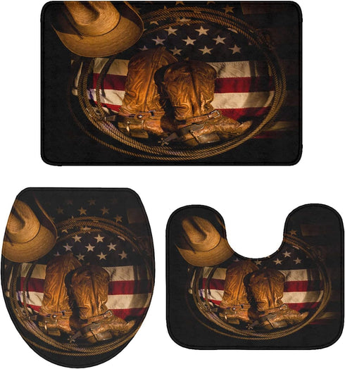T&H Home Bath Rug Sets 3 Piece for Bathroom - USA Western Mat, Cowboy Hat with Boots Rope on American Flag Ultra Soft Non Slip and Absorbent Showe...