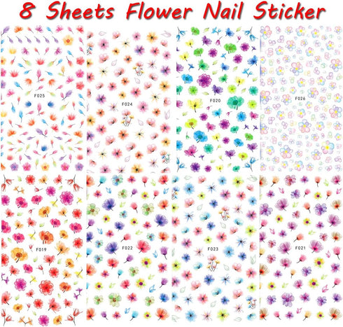 8 Sheets Flower Nail Art Stickers 3D Nail Stickers Acrylic Spring Nail Decals Nail Art Supplies Pink Floral Leaf Cherry Blossom Adhesive Transfer ...