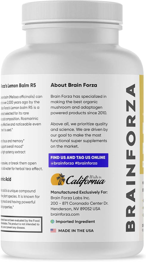 Brain Forza Lemon Balm R5 Extract Capsules - Standardized Extract 5% Rosmarinic Acid, 90 Capsules...
