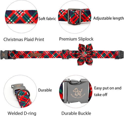 Elegant little tail Dog Collar with Flower, Red Plaid Christmas Dog Collar with Flower Dog Flowers Holiday Pet Collar Puppy Flower Girl Boy Dog Co...
