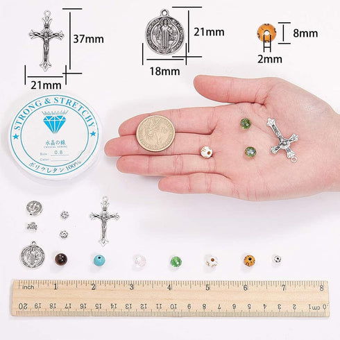 SUNNYCLUE 1 Box 276Pcs Rosary Cross Charms Round Cross Beads Beading Bracelets Making Kit DIY Synthetic Turquoise Beaded Adjustable Stretch Rosary...