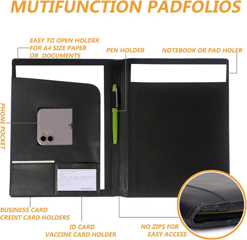 Leather Portfolio Folder Padfolio, Business Padfolio Organizer Document Planner Portfolio Binder Storage Pocket for Legal Pad Holder Paperwork Pho...