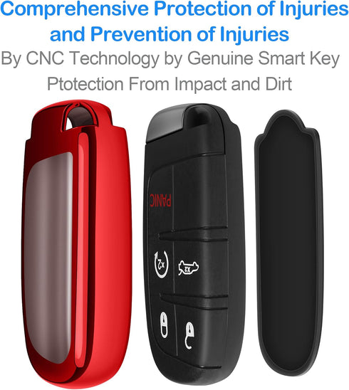Compatible with Jeep Key Fob Cover with Leather Keychain Soft TPU Protection Key Case for Grand Cherokee Renegade Chrysler 200 300 Dodge RAM Duran...