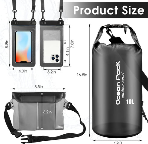 Set of 3 Waterproof Dry Bag - 10L Lightweight Dry Sack with Waterproof Waist Pouch & Phone Case, Dry Storage Bag Backpack for Kayaking, Beach, Sur...
