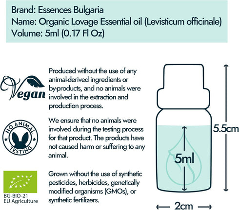 Essences Bulgaria Organic Lovage Essential Oil 1/6 Fl Oz | 5ml | Levisticum officinale | 100% Pure and Natural | Undiluted | Therapeutic Grade | F...