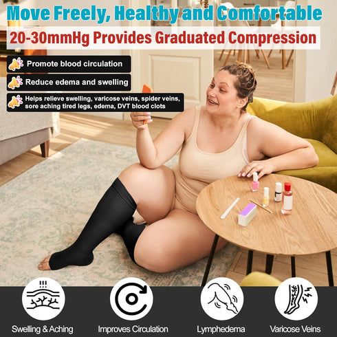 KEKING® Extra Wide Calf Compression Socks for Men & Women, 20-30 mmHg Compression Stockings Open Toe - Plus Size Knee High Support Hose for Varico...