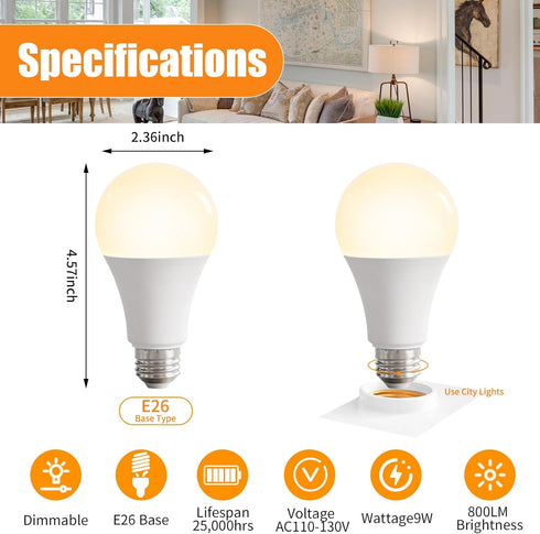 2Pack A19 LED Light Bulbs with Remote Control, 9W 800LM Smart Cordless Light Bulb 60W Equivalent, 3000K-6000K Dimmable E26 Led Bulb with Timing/Me...