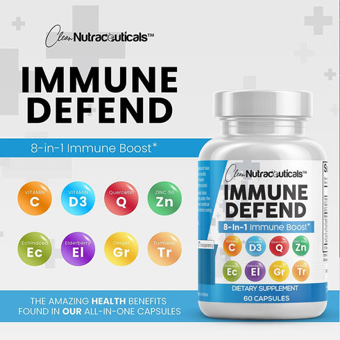 Clean Nutraceuticals Immune Defense Support Supplement 8 in 1 with Zinc 50mg Quercetin, VIT C 1000mg, Vitamin D3 5000 IU, Elderberry, Ginger - Imm...
