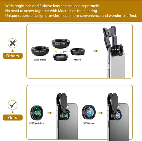 Phone Camera Lens 3 in 1 Kit, COSULAN Phone Lens Kit - 235° Fisheye Lens + 25X Macro Lens + 0.62X Wide Angle Lens, Clip on Cell Phone Lens Camera ...