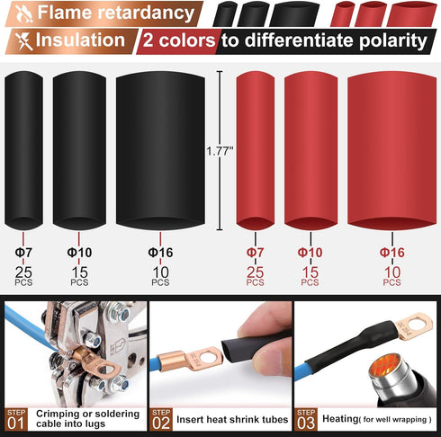 200pcs Battery Cable Ends, Copper Wire Lugs AWG 2 4 6 8 10 Gauge - 100Pcs Battery Cable Lugs Ring Terminal Connectors with 100Pcs Heat Shrink Asso...