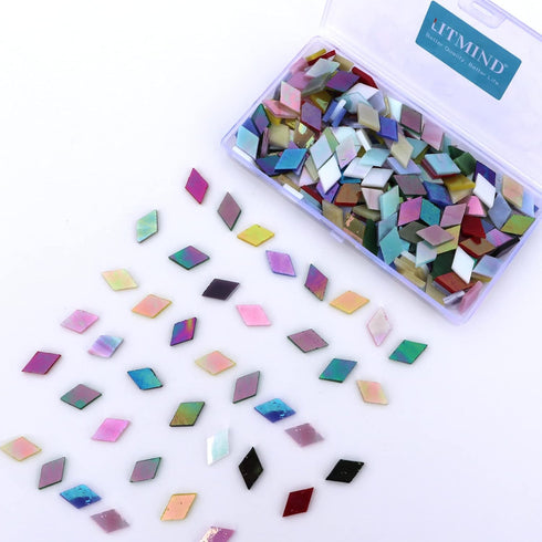 LITMIND Diamond Shaped Iridescent Glass Mosaic Tiles for Crafts Bulk, 0.79" x 0.48" Precut Mixed Colors Stained Glass Pieces, DIY Mosaic Making Su...