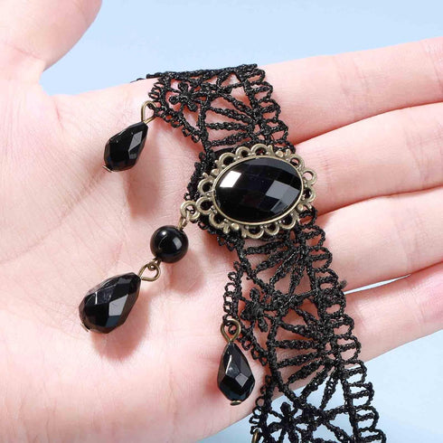 Boho Crystal Lace Choker Necklace Black Teardrop Necklace Choker Gothic Droplet Crystal Collar Necklace Retro Vintage 90s Necklace Chain Jewelry f...