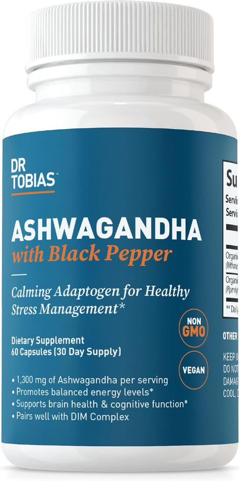 Dr. Tobias Ashwagandha Capsules, 1300mg Organic Ashwagandha Root Extract Per Serving with Black Pepper, Calming Adaptogen, Energy & Focus Suppleme...