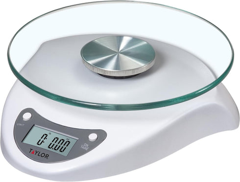 Taylor Digital Kitchen Scale with Glass Platform, Tare Button, and Plastic Body Weighs up to 11 Pounds Capacity, White...