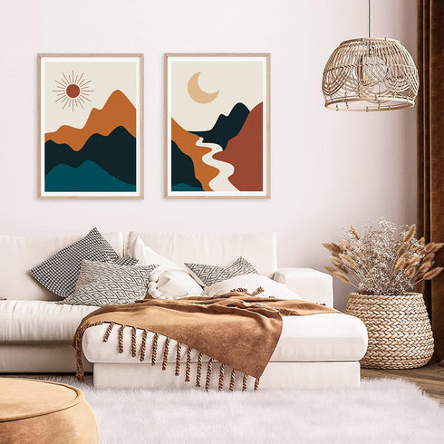 Bankrenart Boho Wall Art Mid Century Abstract Sun and Moon Reiver Landscape Mountain Boho Decor Unframed Canvas Print Wall Art Minimalist Artwork ...