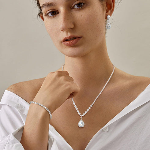 FUNRUN JEWELRY Silver Jewelry Set for Women Rhinestone Necklace and Earrings Bridal Wedding Jewelry Sets for Brides Bridesmaid Crystal Wedding Pro...